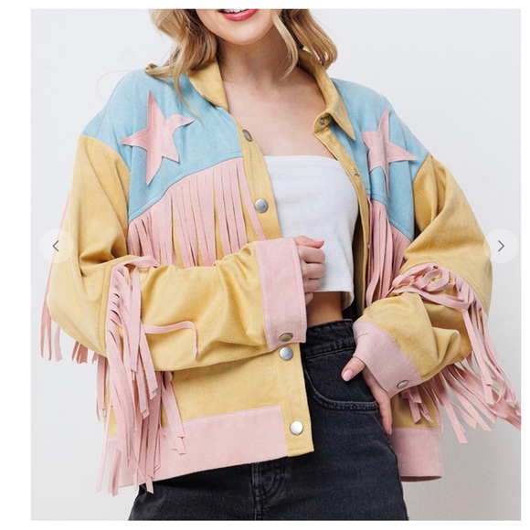 13 Fabulous Multi Fabric Basic Collared Fringe Jacket - Picture 4 of 6